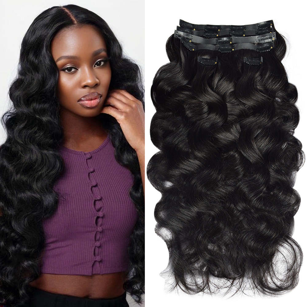 #1B 6Pcs Body Wave Clip in Hair Extensions Real Human Hair PU Seamless Clip ins Natural Black 110G RXHAIR