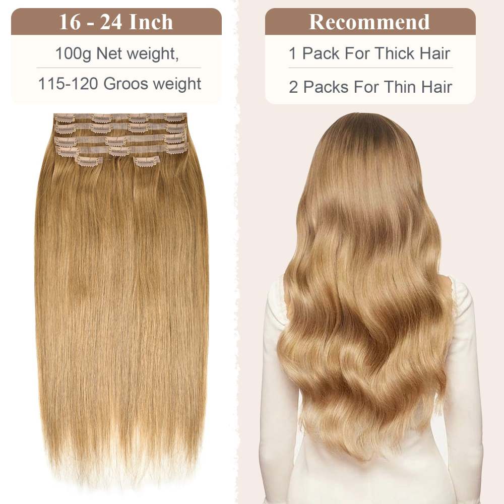 #12 Strawberry Blonde Straight Clip in Hair Extensions Real Human Hair PU Seamless Clip ins 6Pcs 120G RXHAIR