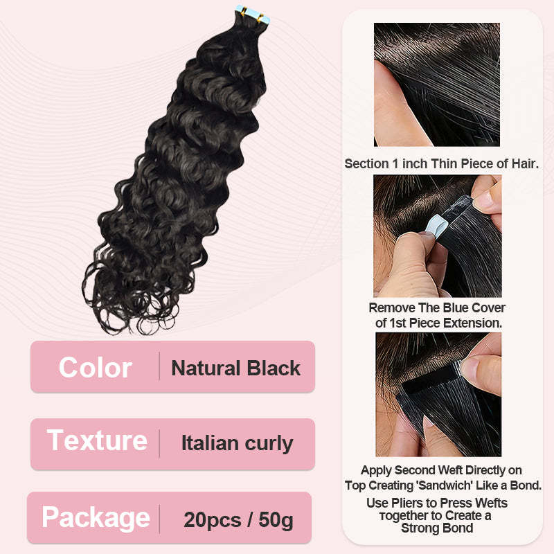 #1B Italian Curly Tape in Hair Extensions Human Hair 20pcs 50g/pack Seamless Skin Weft Hair RXHAIR