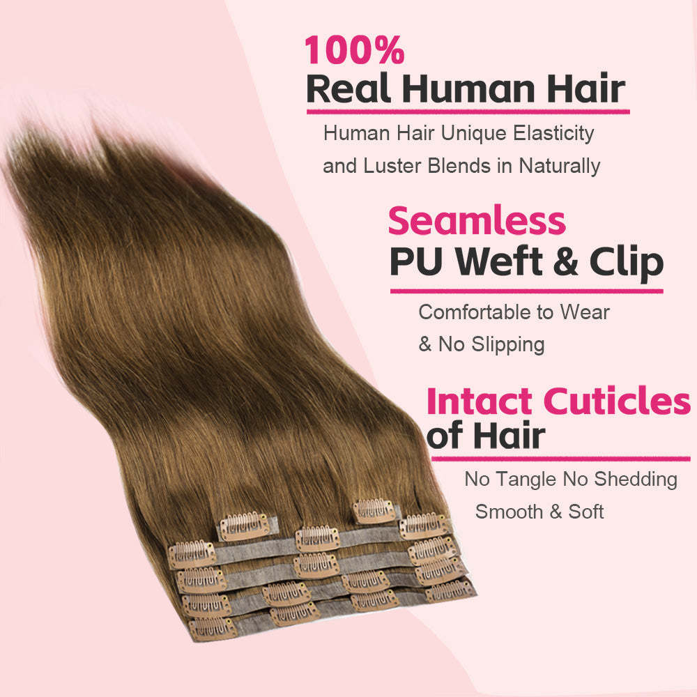 #7 Straight Clip in Hair Extensions Real Human Hair PU Seamless Clip ins 6Pcs 110G RXHAIR