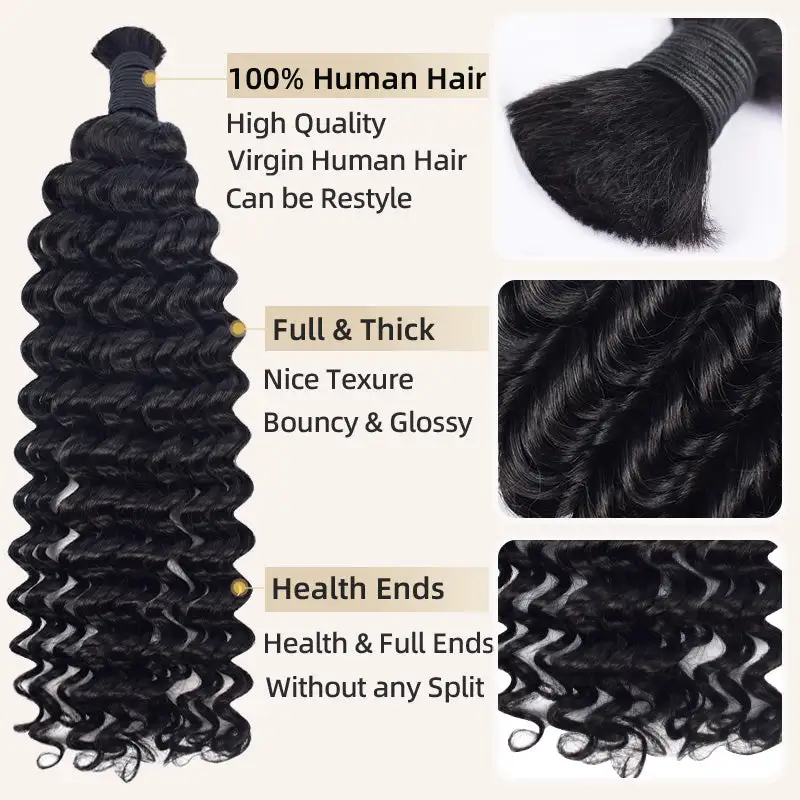 Deep Wave #1 Jet Black Boho Braids No Weft Bulk Hair for Human Hair RXHAIR