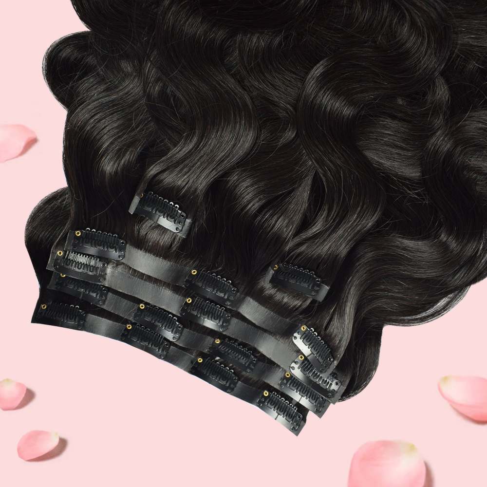 #1B 6Pcs Body Wave Clip in Hair Extensions Real Human Hair PU Seamless Clip ins Natural Black 110G RXHAIR