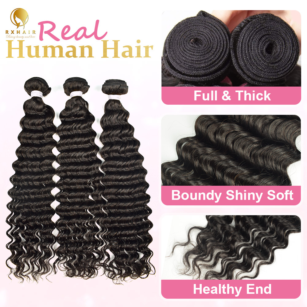 #1B Deep Wave 14A Human Hair Bundles Brazilian Virgin Hair Weave Bundles Double Wefts Weave Bundles Natural Black RXHAIR