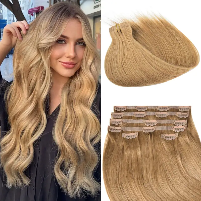#12 Strawberry Blonde Straight Clip in Hair Extensions Real Human Hair PU Seamless Clip ins 6Pcs 120G RXHAIR