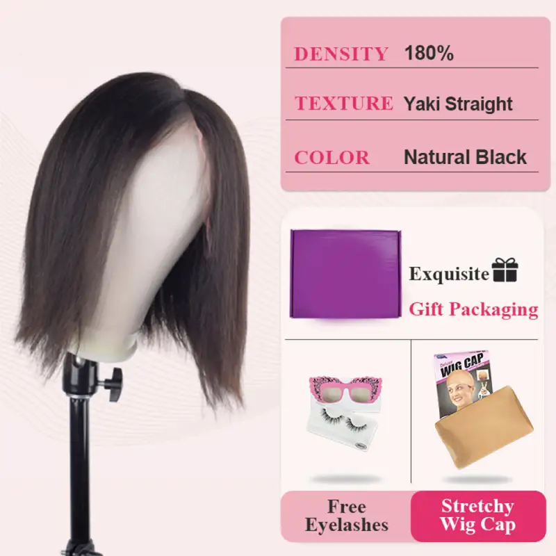 #1B Yaki Straight Bob Wig HD Lace Front Wigs Human Hair 180% Density Transparent Lace Frontal Wigs Pre Plucked With Baby Hair RXHAIR