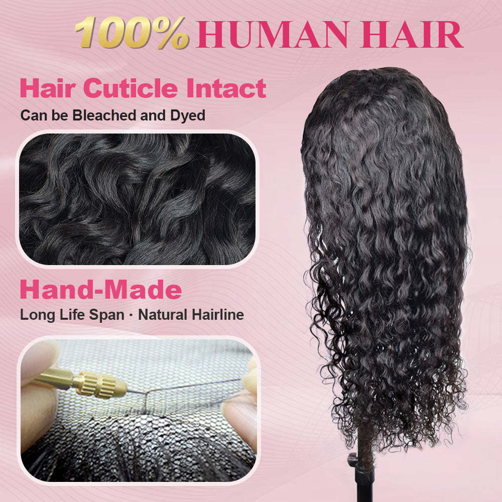 #1B Water Wave HD Lace Front Wigs Human Hair 200% Density Transparent Lace Frontal Wigs Pre Plucked With Baby Hair RXHAIR