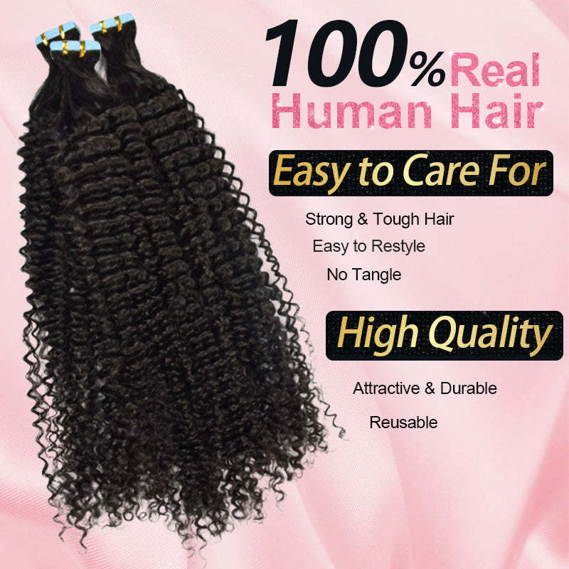 #1B Kinky Curly Tape in Hair Extensions Human Hair 20pcs 50g/pack Seamless Skin Weft Hair RXHAIR