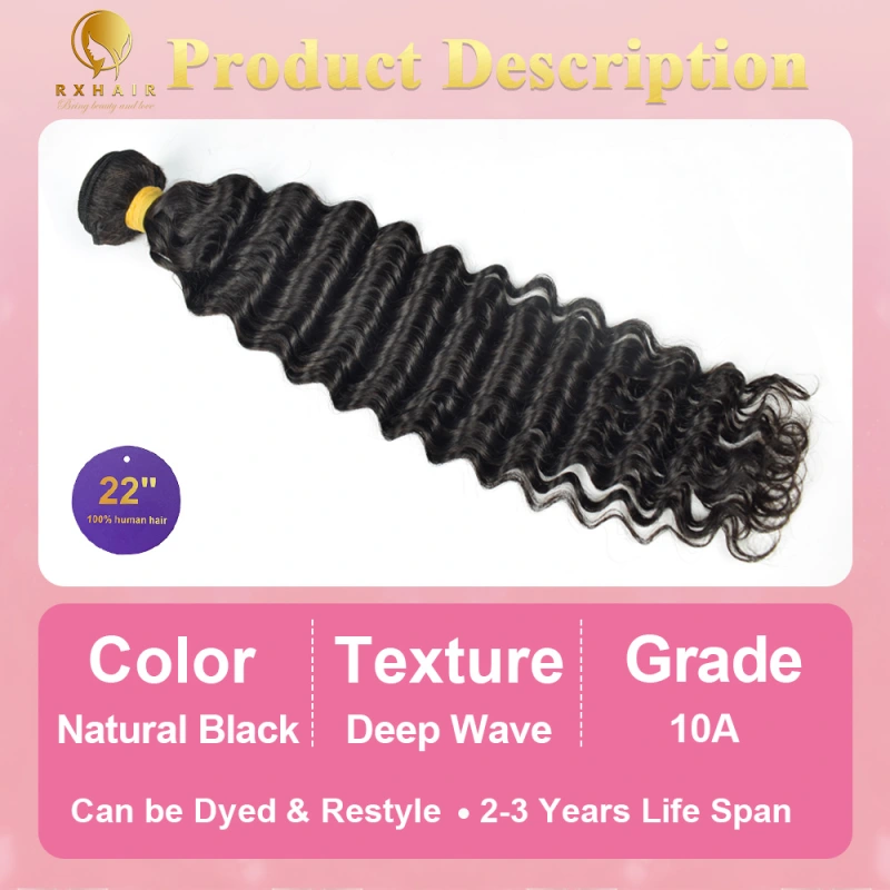 #1B Deep Wave Human Hair Bundles Brazilian Virgin Hair Weave Bundles Double Wefts Weave 3 Bundles Natural Black RXHAIR