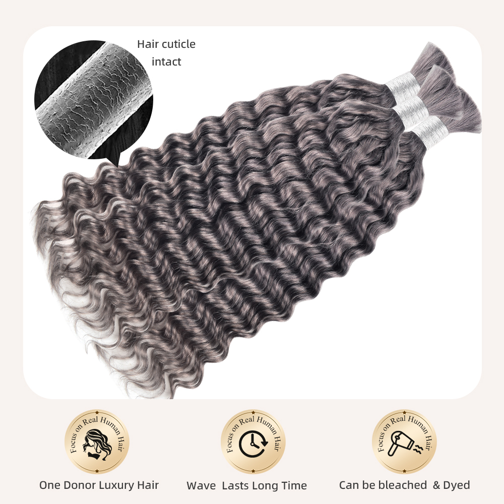 #Gray Boho Braids Deep Wave No Weft Bulk Hair for Human Hair RXHAIR