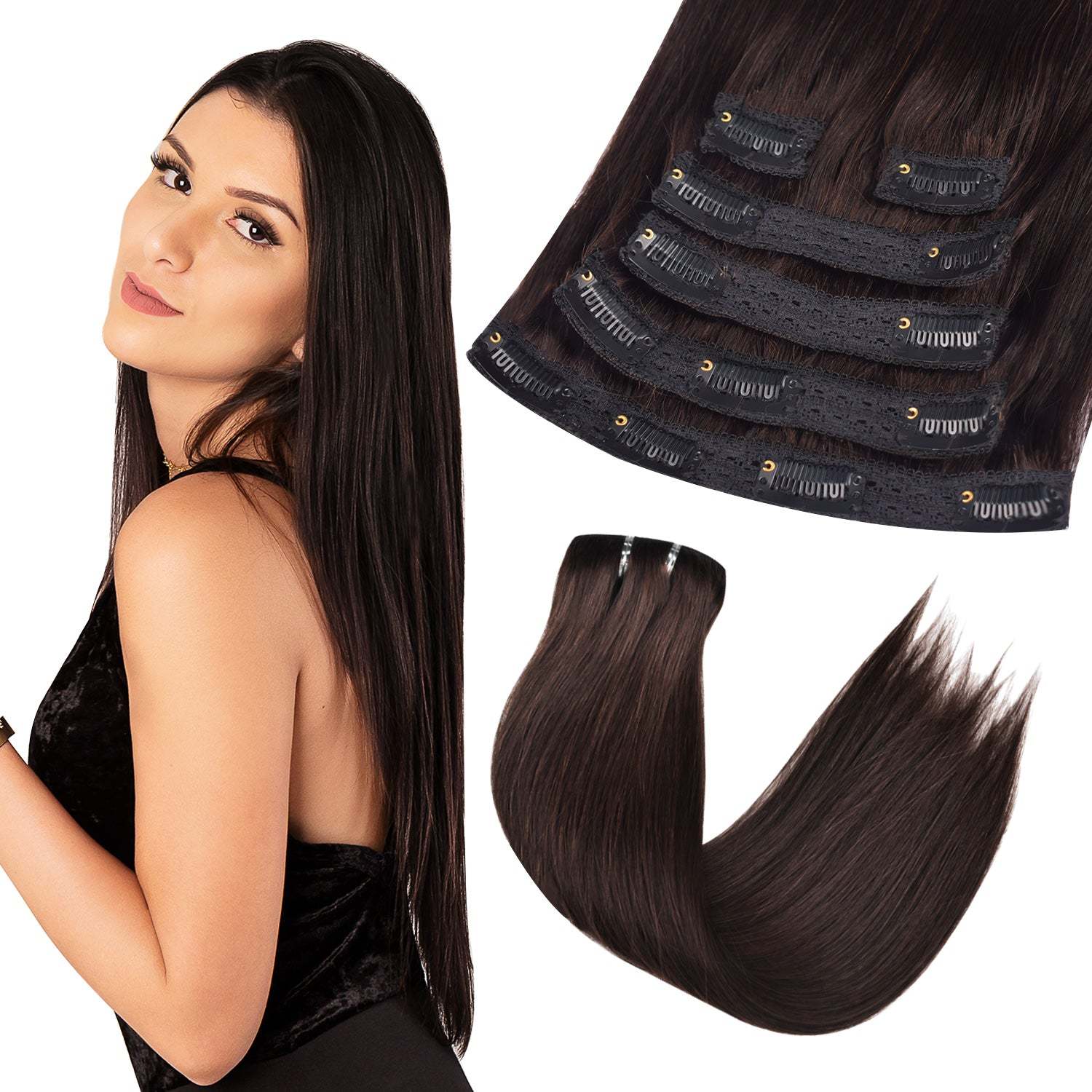 #2 Dark Brown Straight Clip in Hair Extensions Real Human Hair Invisible Lace Clip ins 6Pcs 110G RXHAIR
