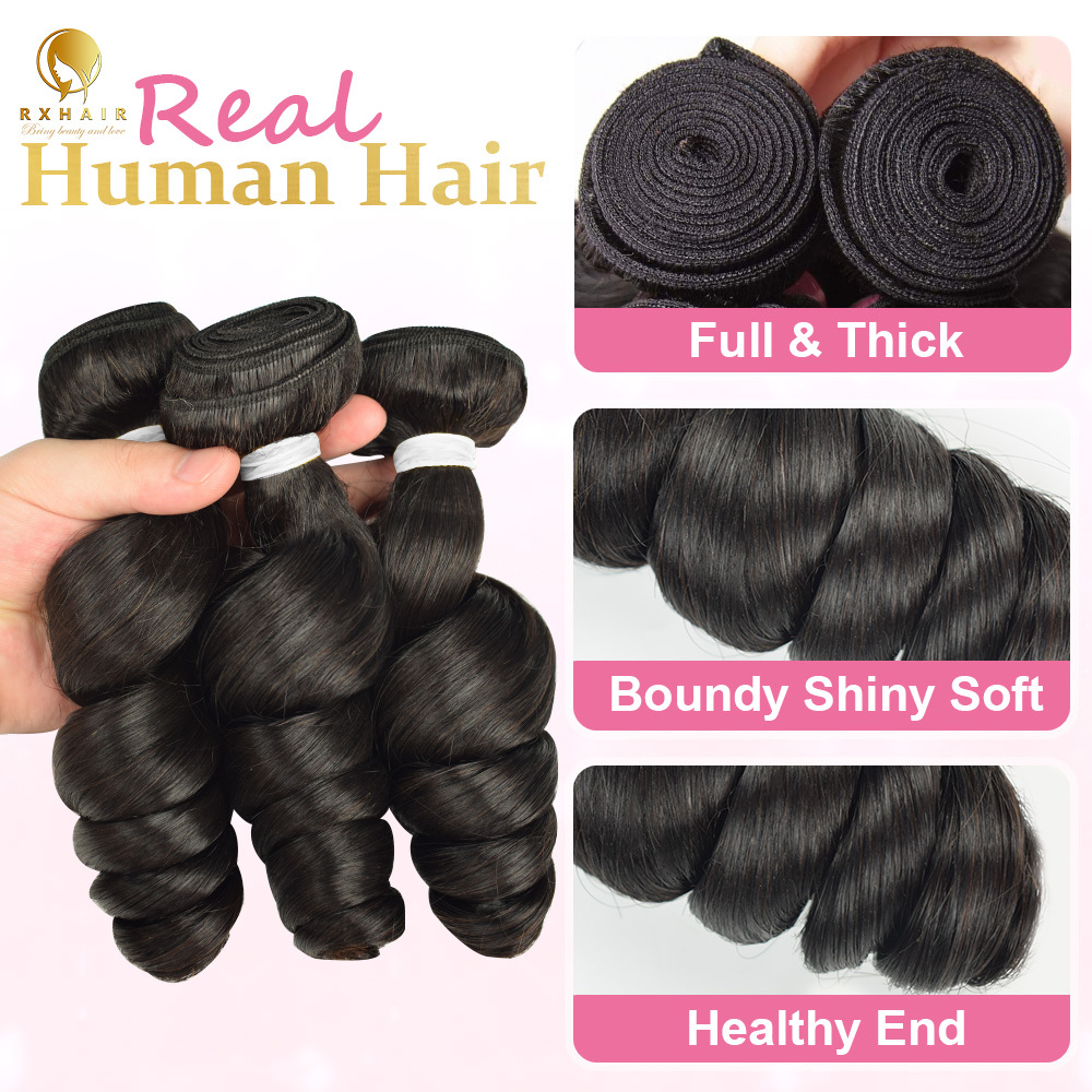 #1B Loose Wave 14A Human Hair Bundles Brazilian Virgin Hair Weave Bundles Double Wefts Weave Bundles Natural Black RXHAIR