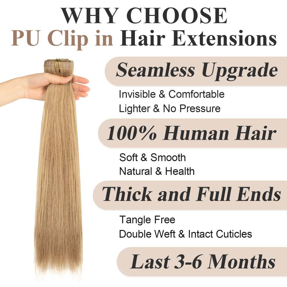 #18 Golden Blonde Straight Clip in Hair Extensions Real Human Hair PU Seamless Clip ins 6Pcs 110G RXHAIR