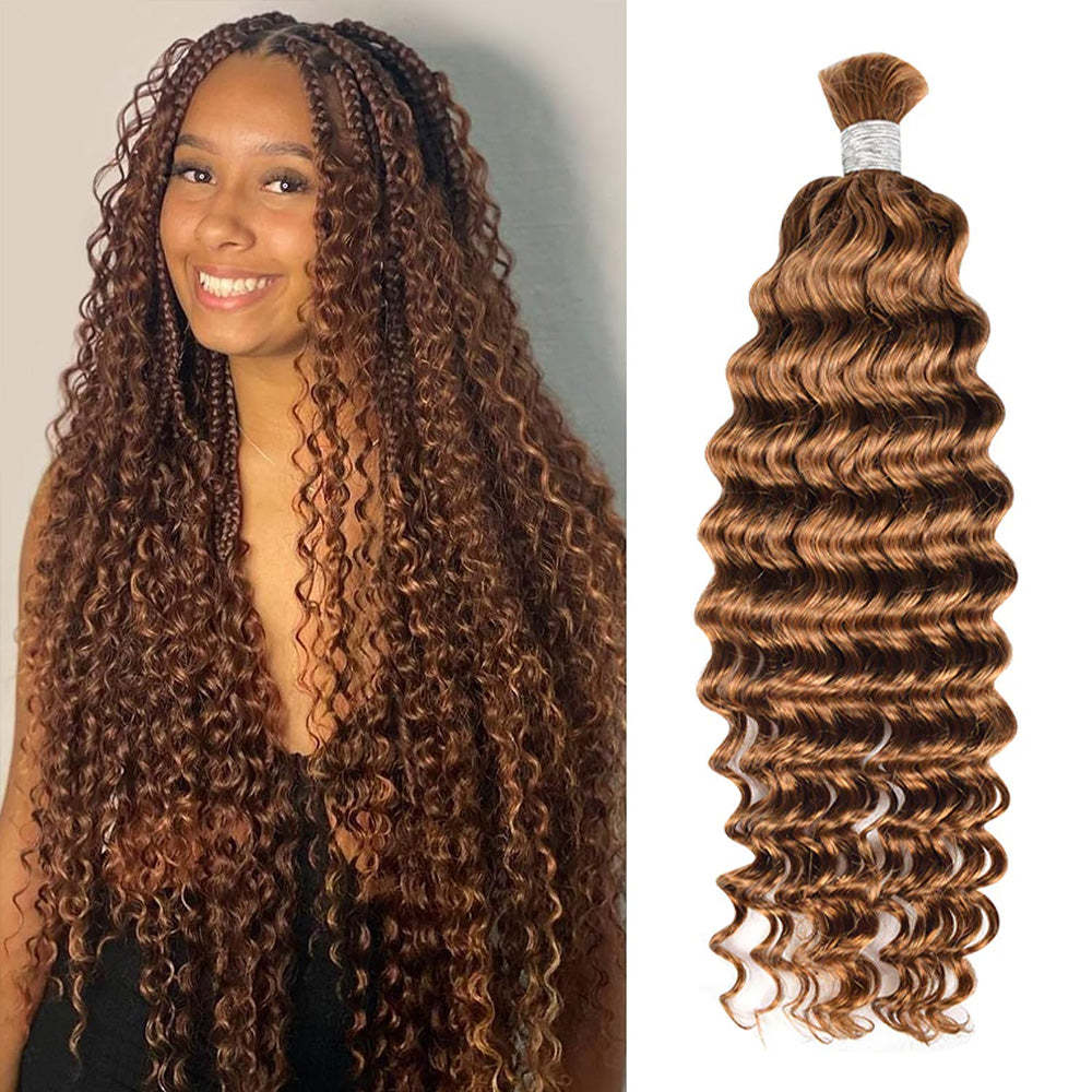 #30 Brown Boho Braids Deep Wave No Weft Bulk Hair For Human Hair RXHAIR