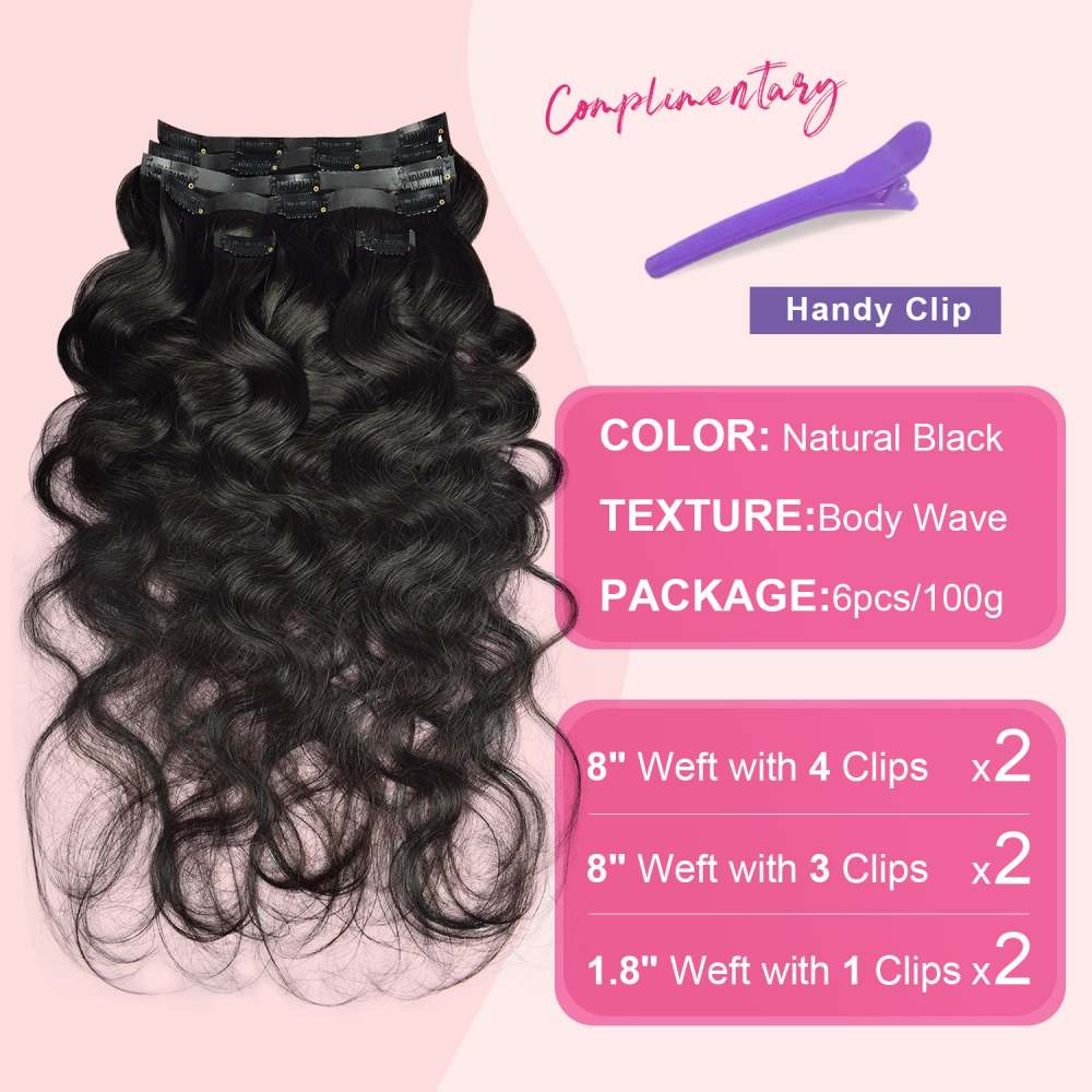 #1B 6Pcs Body Wave Clip in Hair Extensions Real Human Hair PU Seamless Clip ins Natural Black 110G RXHAIR