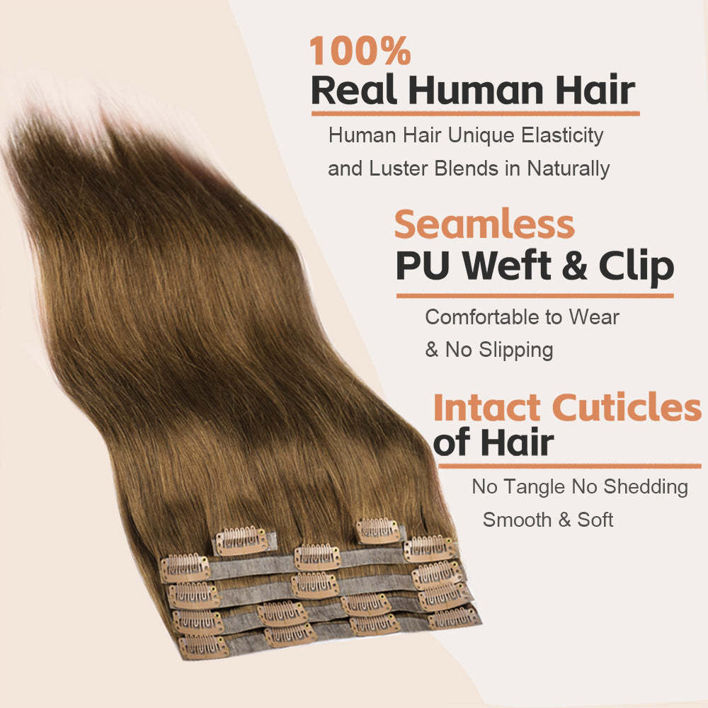 #7 Straight Clip in Hair Extensions Real Human Hair PU Seamless Clip ins 6Pcs 110G RXHAIR