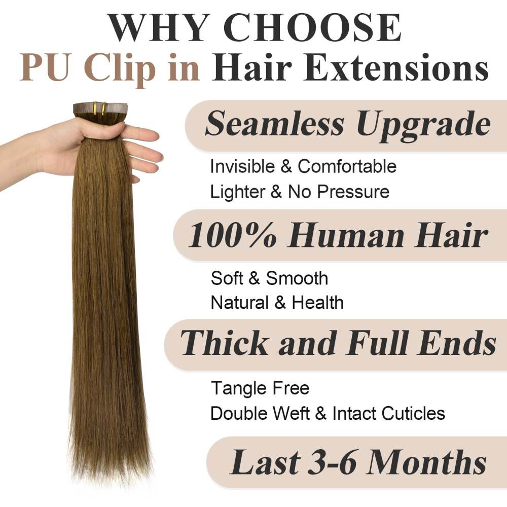 #4 Chocolate Brown Straight Clip in Hair Extensions Real Human Hair PU Seamless Clip ins 6Pcs 110G RXHAIR