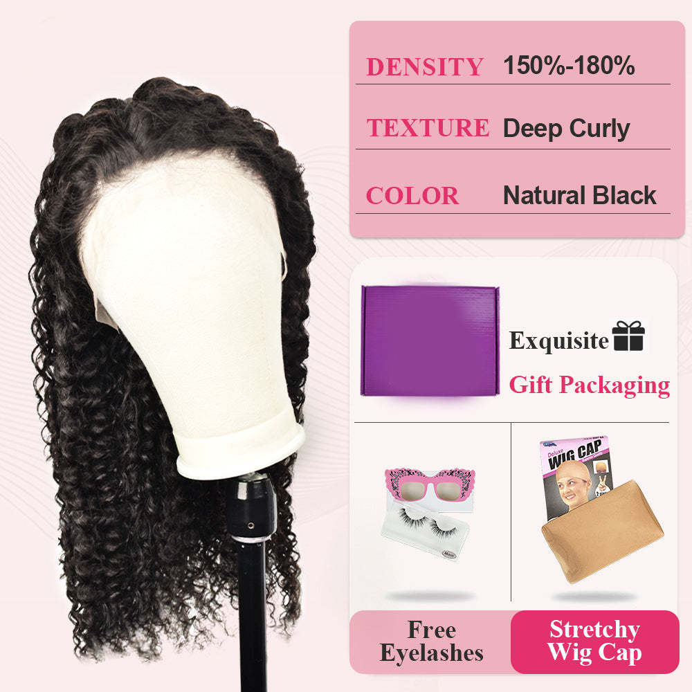 #1B Deep Curly HD Lace Front Wigs Human Hair 150% Density Transparent Lace Frontal Wigs Pre Plucked With Baby Hair RXHAIR
