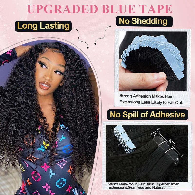 #1B Kinky Curly Tape in Hair Extensions Human Hair 20pcs 50g/pack Seamless Skin Weft Hair RXHAIR