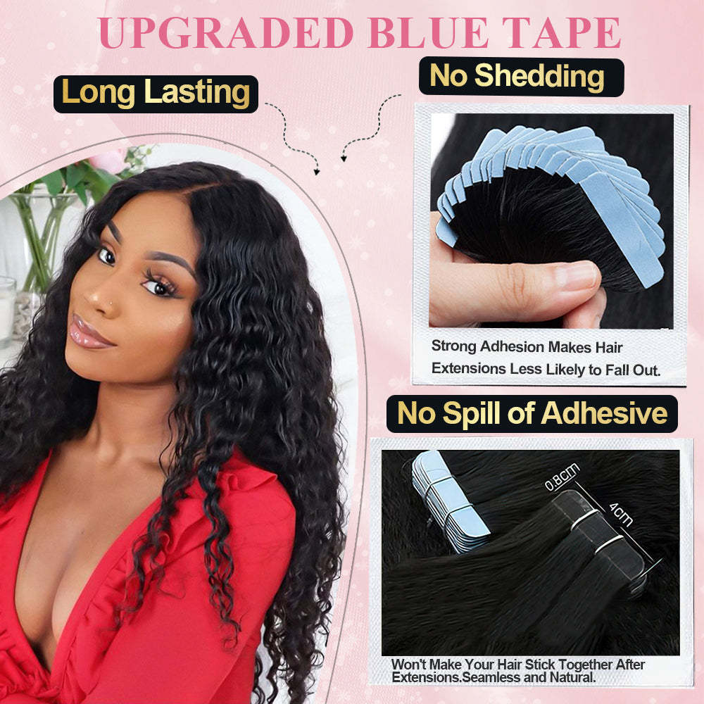 #1B Deep Wave Tape in Hair Extensions Human Hair 20pcs 50g/pack Seamless Skin Weft Hair RXHAIR