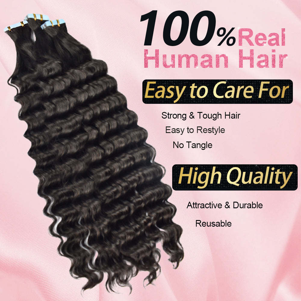 #1B Deep Wave Tape in Hair Extensions Human Hair 20pcs 50g/pack Seamless Skin Weft Hair RXHAIR