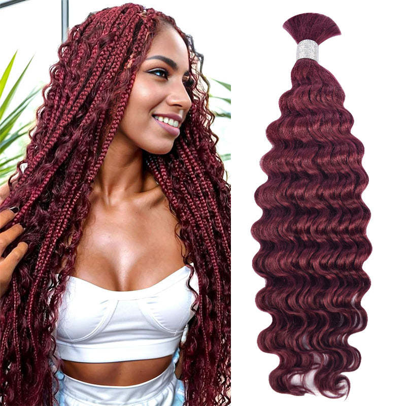 #BUG Burgundy Red Boho Braids Deep Wave No Weft Bulk Hair for Human Hair RXHAIR