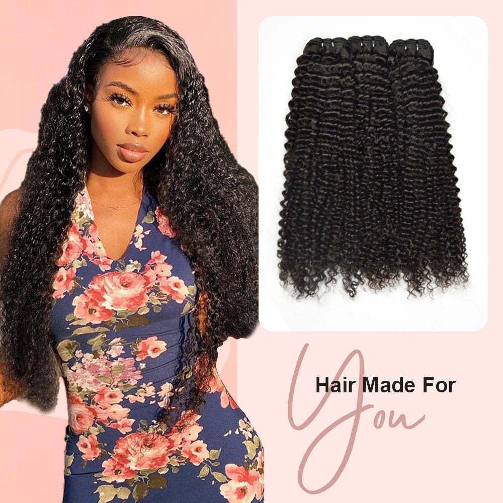 #1B Kinky Curly Human Hair Weave 3 Bundles 100% Unprocessed Hair Weft Extensions Natural Black Color RXHAIR