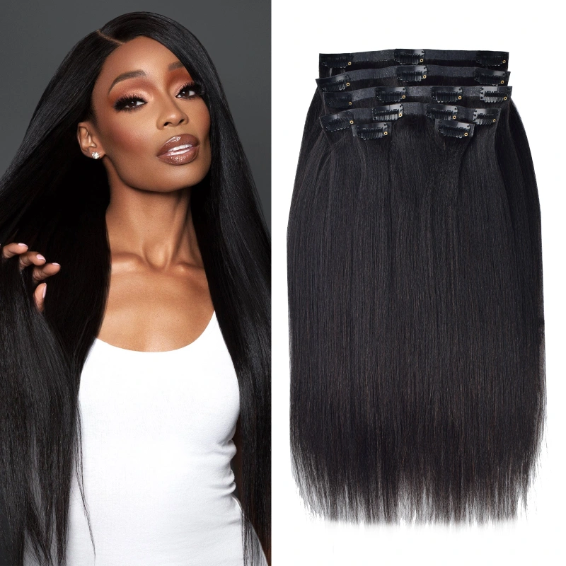 #1B 6Pcs Yaki Straight PU Seamless Clip ins Hair Extensions Real Human Hair 120G RXHAIR