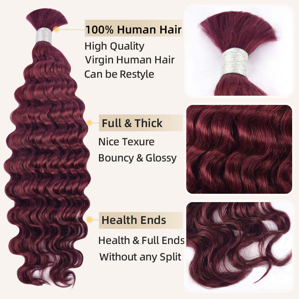 #BUG Burgundy Red Boho Braids Deep Wave No Weft Bulk Hair for Human Hair RXHAIR