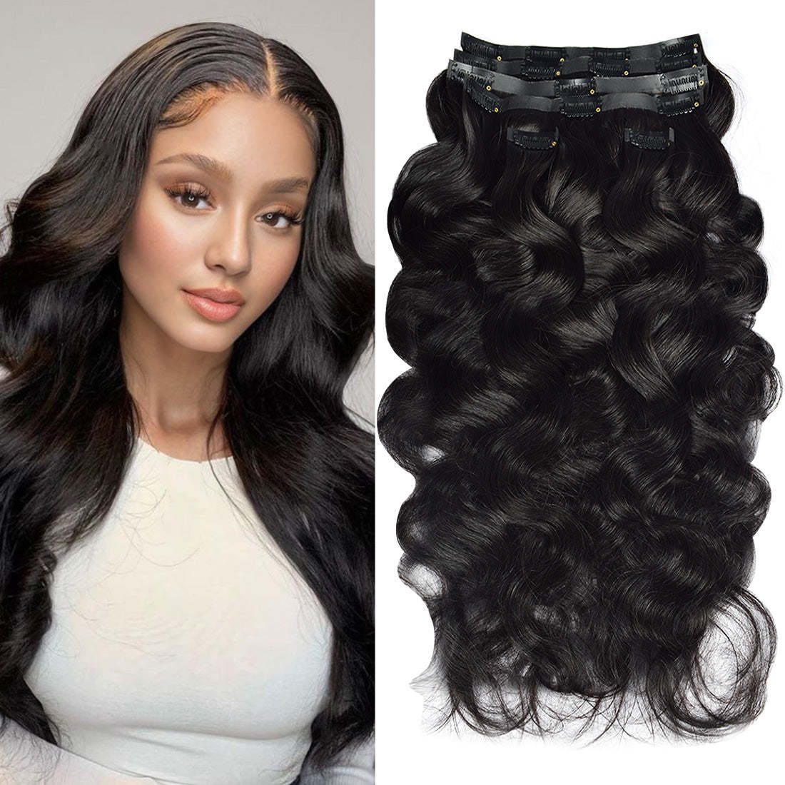 #1B 6Pcs Body Wave Clip in Hair Extensions Real Human Hair PU Seamless Clip ins Natural Black 110G RXHAIR