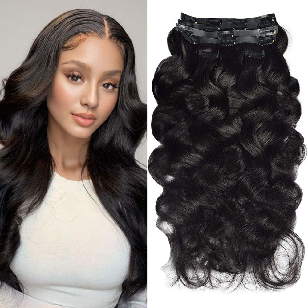 #1B 6Pcs Body Wave Clip in Hair Extensions Real Human Hair PU Seamless Clip ins Natural Black 110G RXHAIR