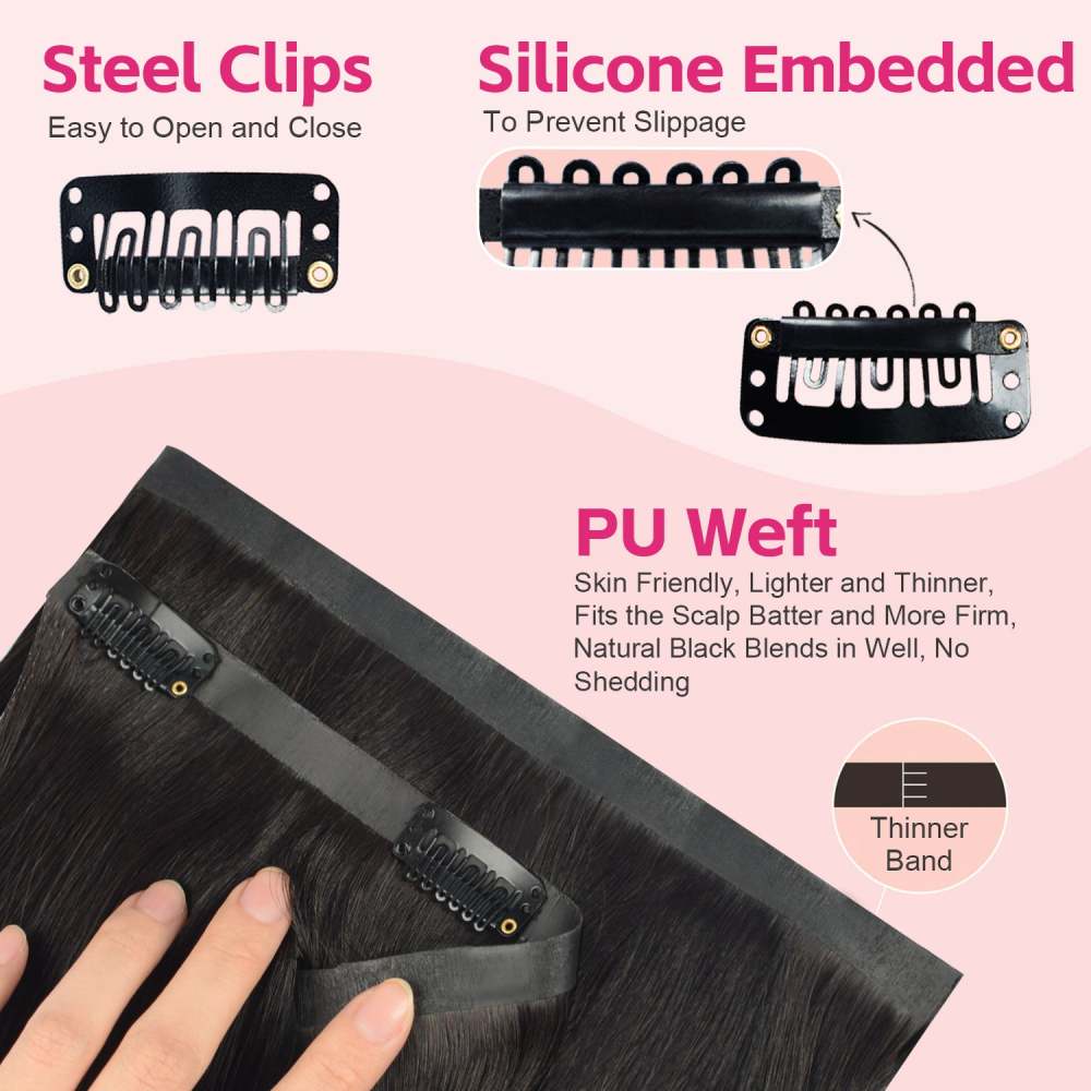#1B 6Pcs Straight Clip in Hair Extensions Real Human Hair PU Seamless Clip ins Natural Black 110G RXHAIR