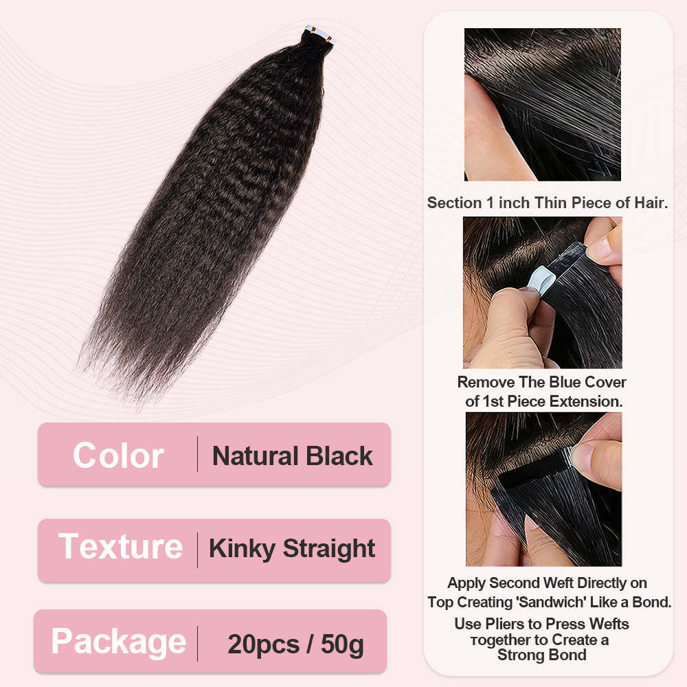 #1B Kinky Straight Tape in Hair Extensions Human Hair 20pcs 50g/pack Seamless Skin Weft Hair RXHAIR