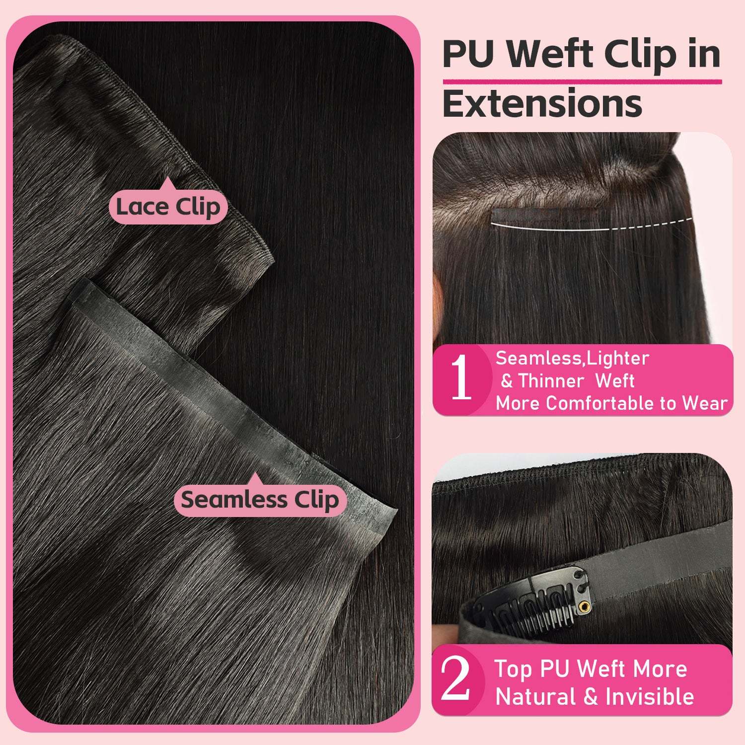 #1B 6Pcs Body Wave Clip in Hair Extensions Real Human Hair PU Seamless Clip ins Natural Black 110G RXHAIR