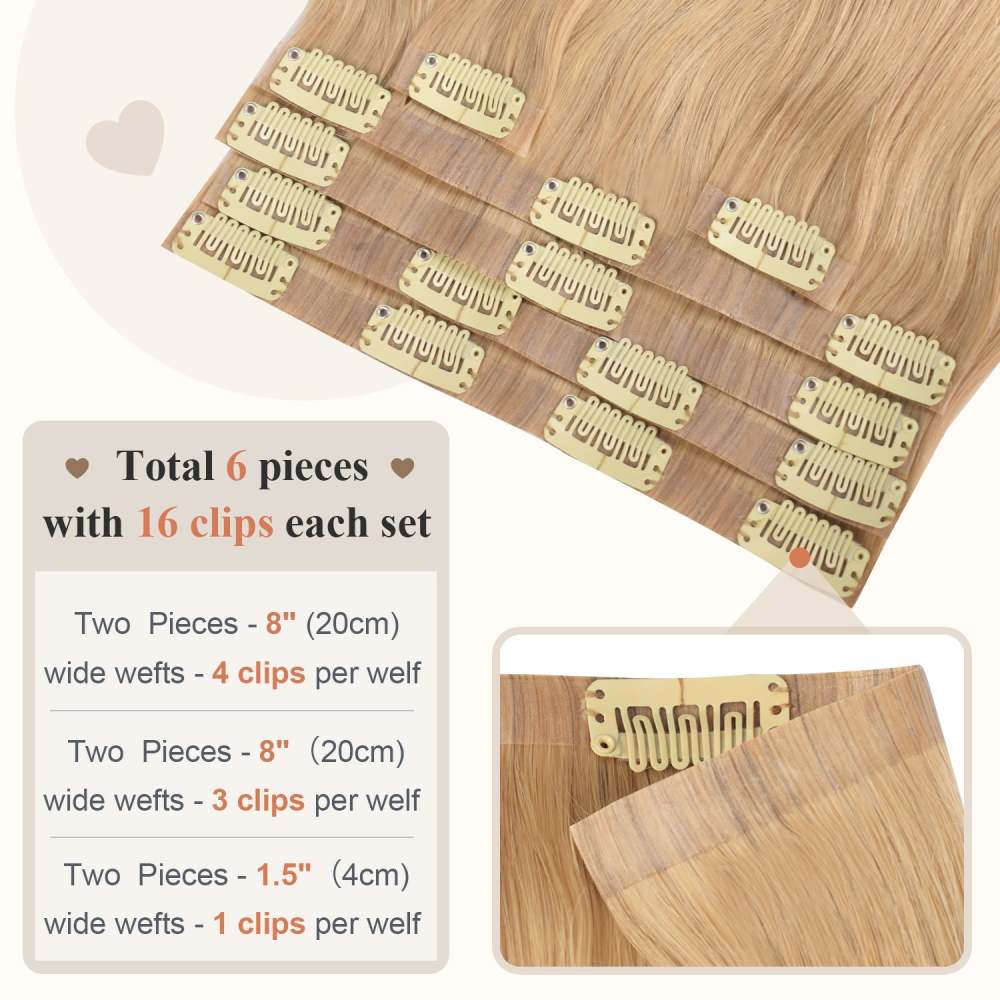 #18 Golden Blonde Straight Clip in Hair Extensions Real Human Hair PU Seamless Clip ins 6Pcs 110G RXHAIR