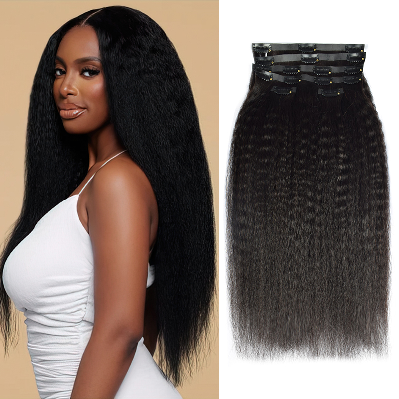 #1B 6Pcs Kinky Straight Clip in Hair Extensions Real Human Hair PU Seamless Clip ins Natural Black 110G RXHAIR