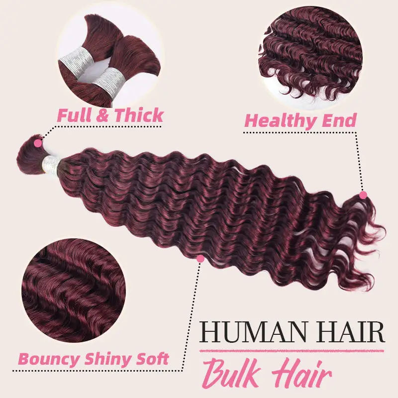 #99J Burgundy Boho Braids Deep Wave No Weft Bulk Hair for Human Hair RXHAIR