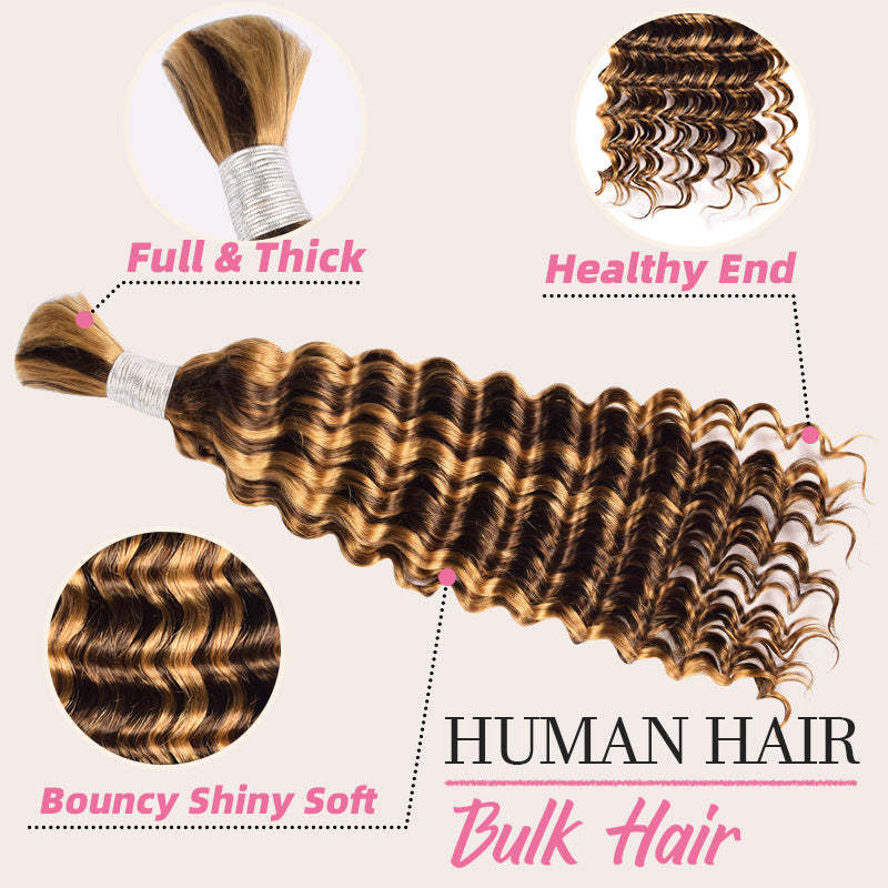 #4/27 Ombre Highlight Boho Braids Deep Wave No Weft Bulk Hair for Human Hair RXHAIR