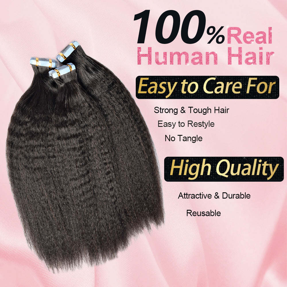 #1B Kinky Straight Tape in Hair Extensions Human Hair 20pcs 50g/pack Seamless Skin Weft Hair RXHAIR