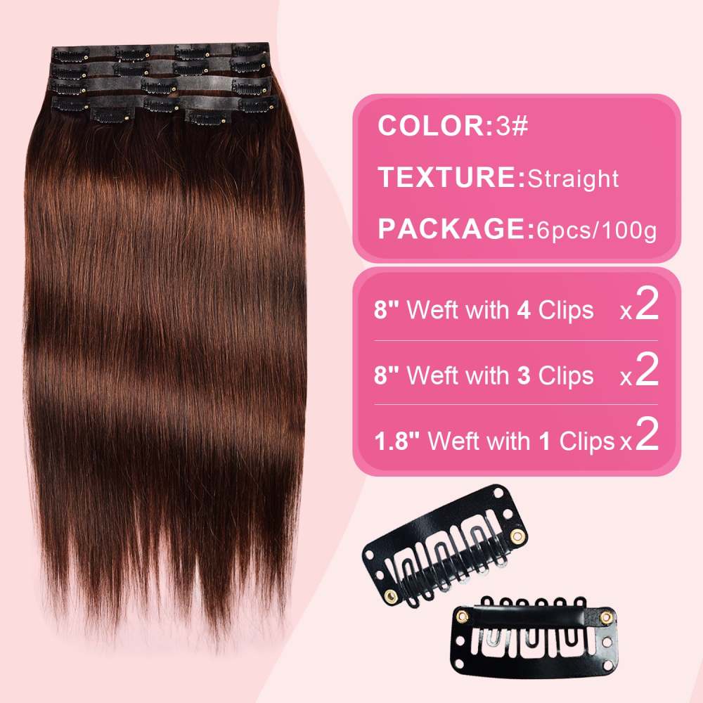 #3 Straight Clip in Hair Extensions Real Human Hair PU Seamless Clip ins 6Pcs 110G RXHAIR