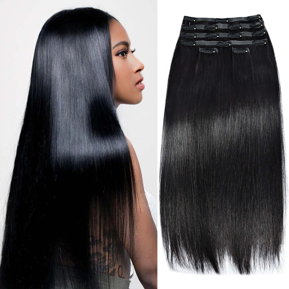 #1B 6Pcs Straight Clip in Hair Extensions Real Human Hair PU Seamless Clip ins Natural Black 110G RXHAIR