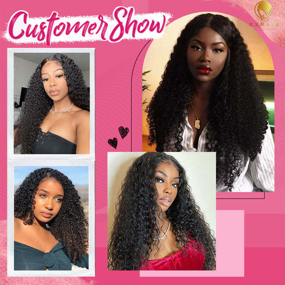 #1B Kinky Curly HD Lace Front Wigs Human Hair 200% Density Transparent Lace Frontal Wigs Pre Plucked With Baby Hair RXHAIR