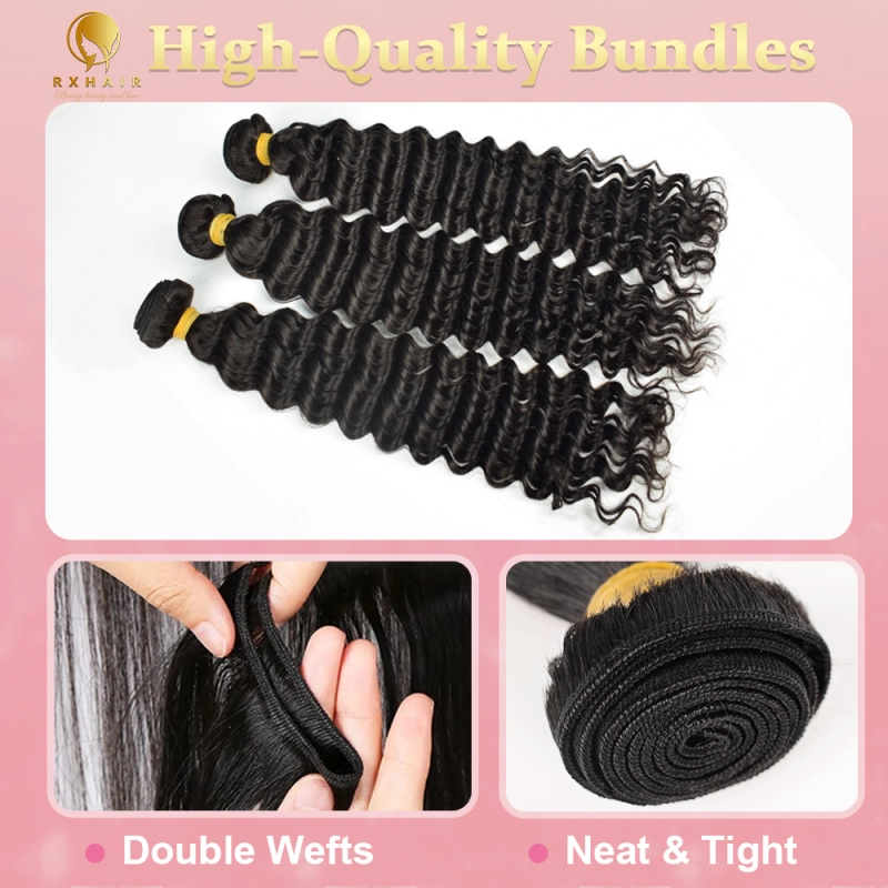 #1B Deep Wave Human Hair Bundles Brazilian Virgin Hair Weave Bundles Double Wefts Weave 3 Bundles Natural Black RXHAIR