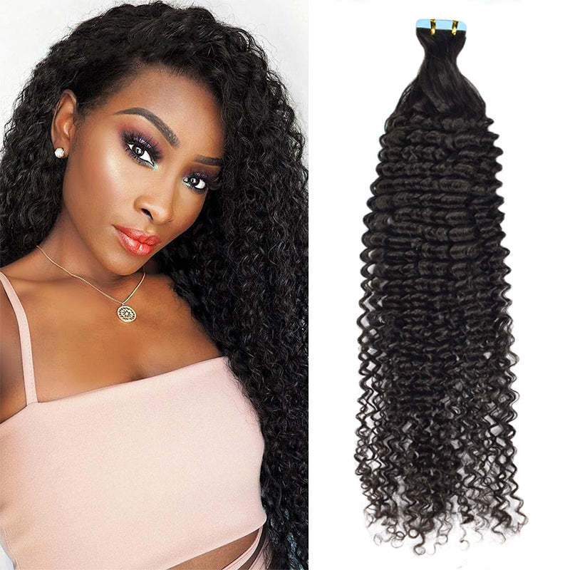 #1B Kinky Curly Tape in Hair Extensions Human Hair 20pcs 50g/pack Seamless Skin Weft Hair RXHAIR