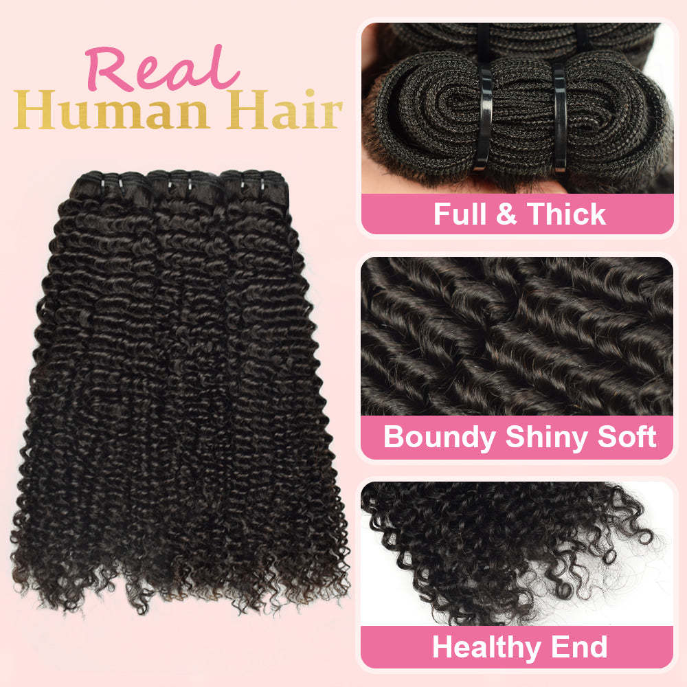 #1B Kinky Curly Human Hair Weave 3 Bundles 100% Unprocessed Hair Weft Extensions Natural Black Color RXHAIR