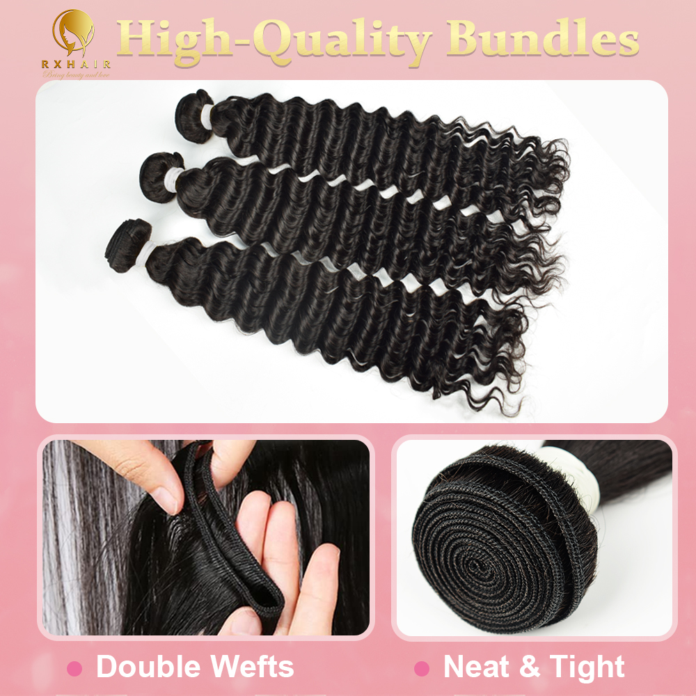 #1B Deep Wave 14A Human Hair Bundles Brazilian Virgin Hair Weave Bundles Double Wefts Weave Bundles Natural Black RXHAIR