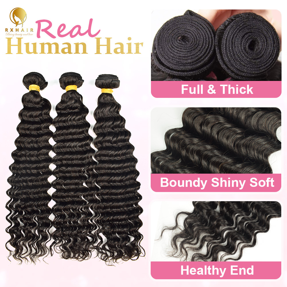 #1B Deep Wave Human Hair Bundles Brazilian Virgin Hair Weave Bundles Double Wefts Weave 3 Bundles Natural Black RXHAIR