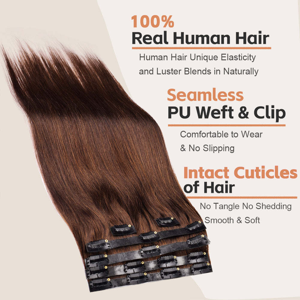 #3 Straight Clip in Hair Extensions Real Human Hair PU Seamless Clip ins 6Pcs 110G RXHAIR