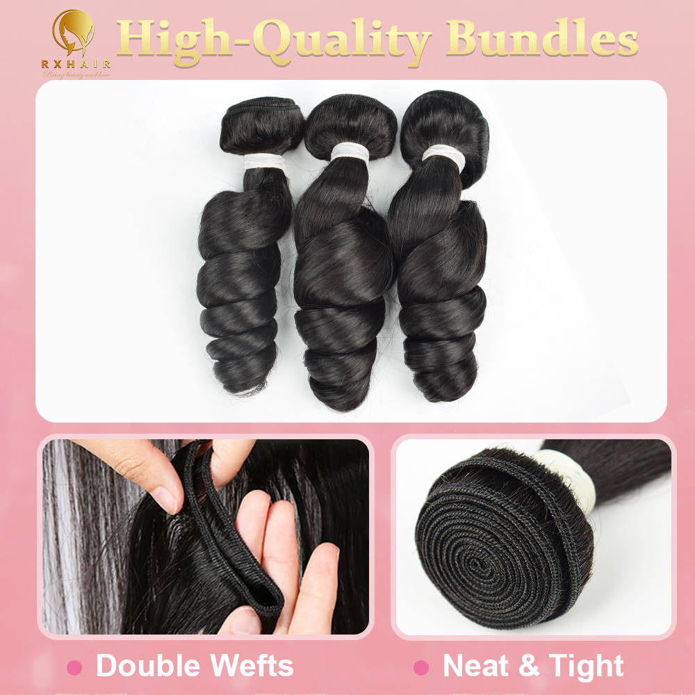 #1B Loose Wave 14A Human Hair Bundles Brazilian Virgin Hair Weave Bundles Double Wefts Weave Bundles Natural Black RXHAIR