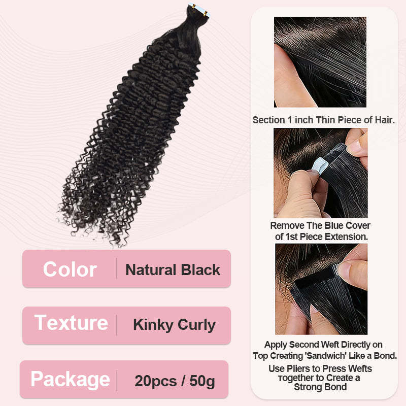 #1B Kinky Curly Tape in Hair Extensions Human Hair 20pcs 50g/pack Seamless Skin Weft Hair RXHAIR