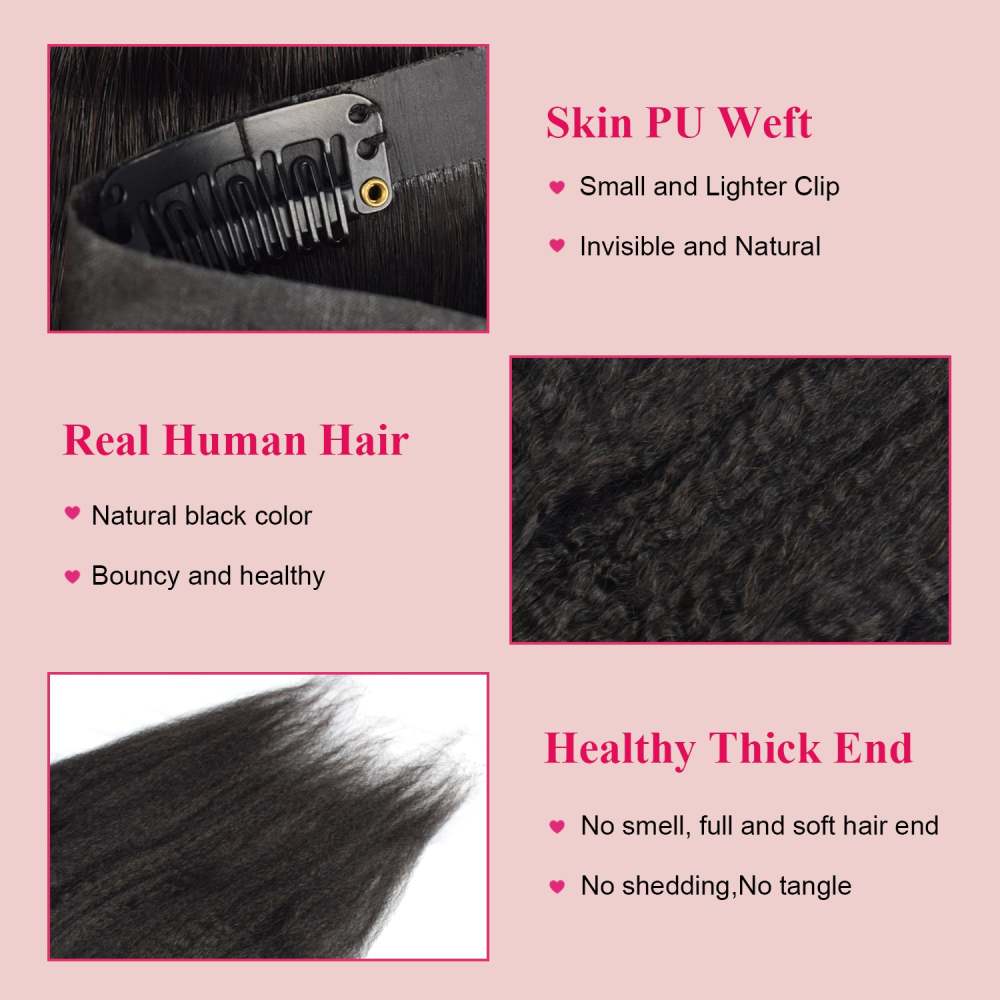 #1B 6Pcs Kinky Straight Clip in Hair Extensions Real Human Hair PU Seamless Clip ins Natural Black 110G RXHAIR